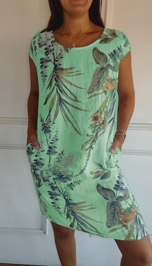 FloraFijn™ – Robe Femme en Coton et Lin à Col Rond Imprimée