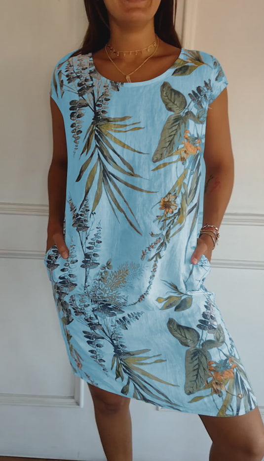 FloraFijn™ – Robe Femme en Coton et Lin à Col Rond Imprimée