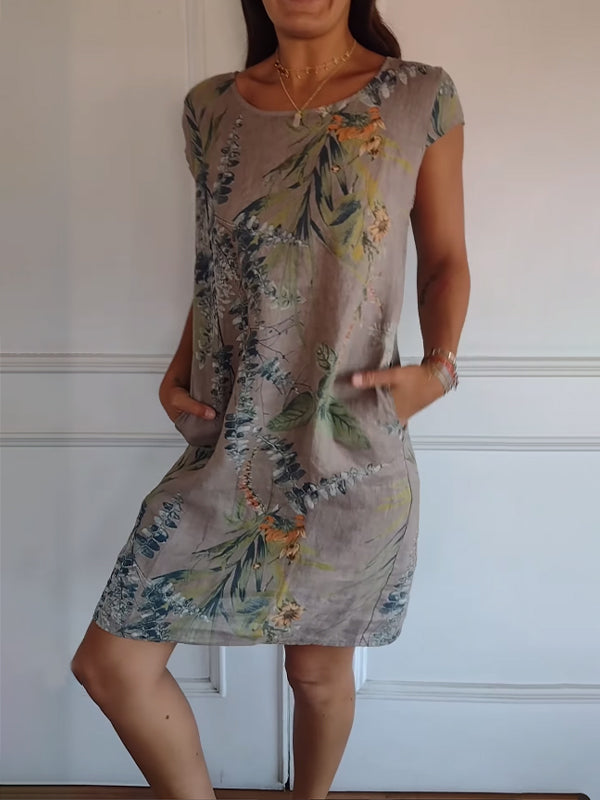 FloraFijn™ – Robe Femme en Coton et Lin à Col Rond Imprimée