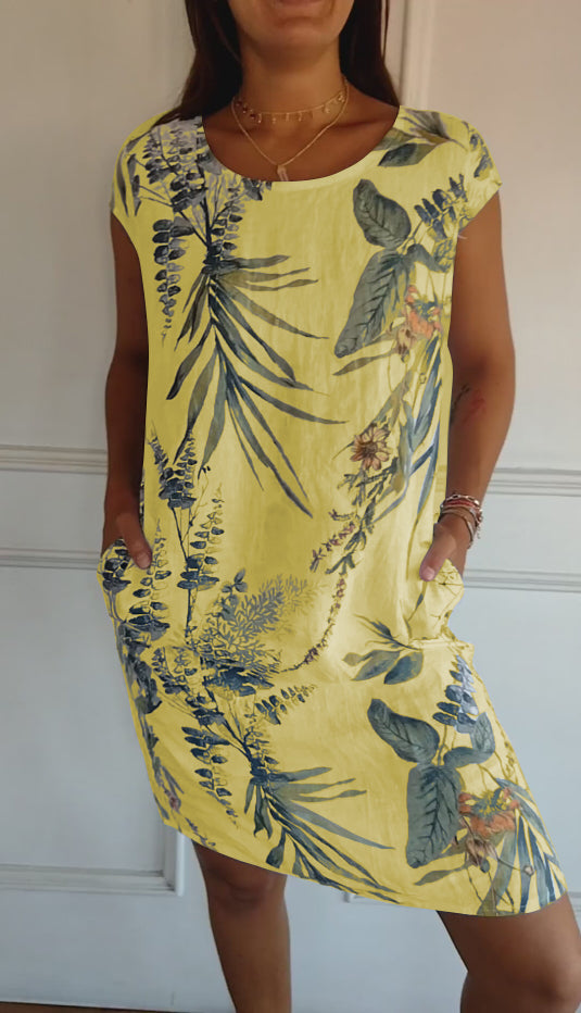 FloraFijn™ – Robe Femme en Coton et Lin à Col Rond Imprimée