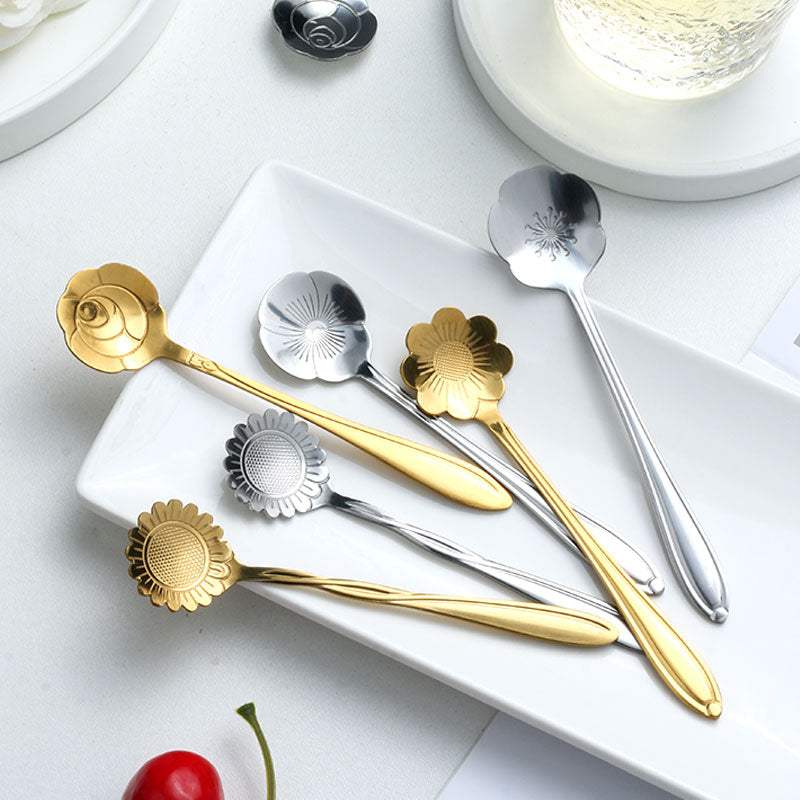 BlossomSpoon™ – Ensemble de 8 Cuillères à Thé Fleuries en Acier Inoxydable