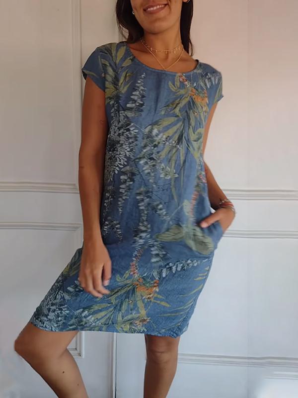 FloraFijn™ – Robe Femme en Coton et Lin à Col Rond Imprimée