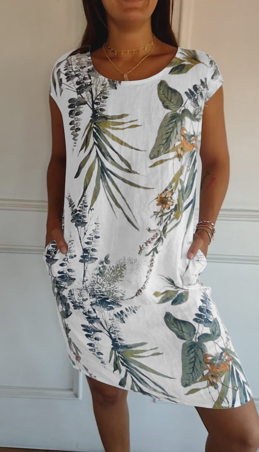 FloraFijn™ – Robe Femme en Coton et Lin à Col Rond Imprimée
